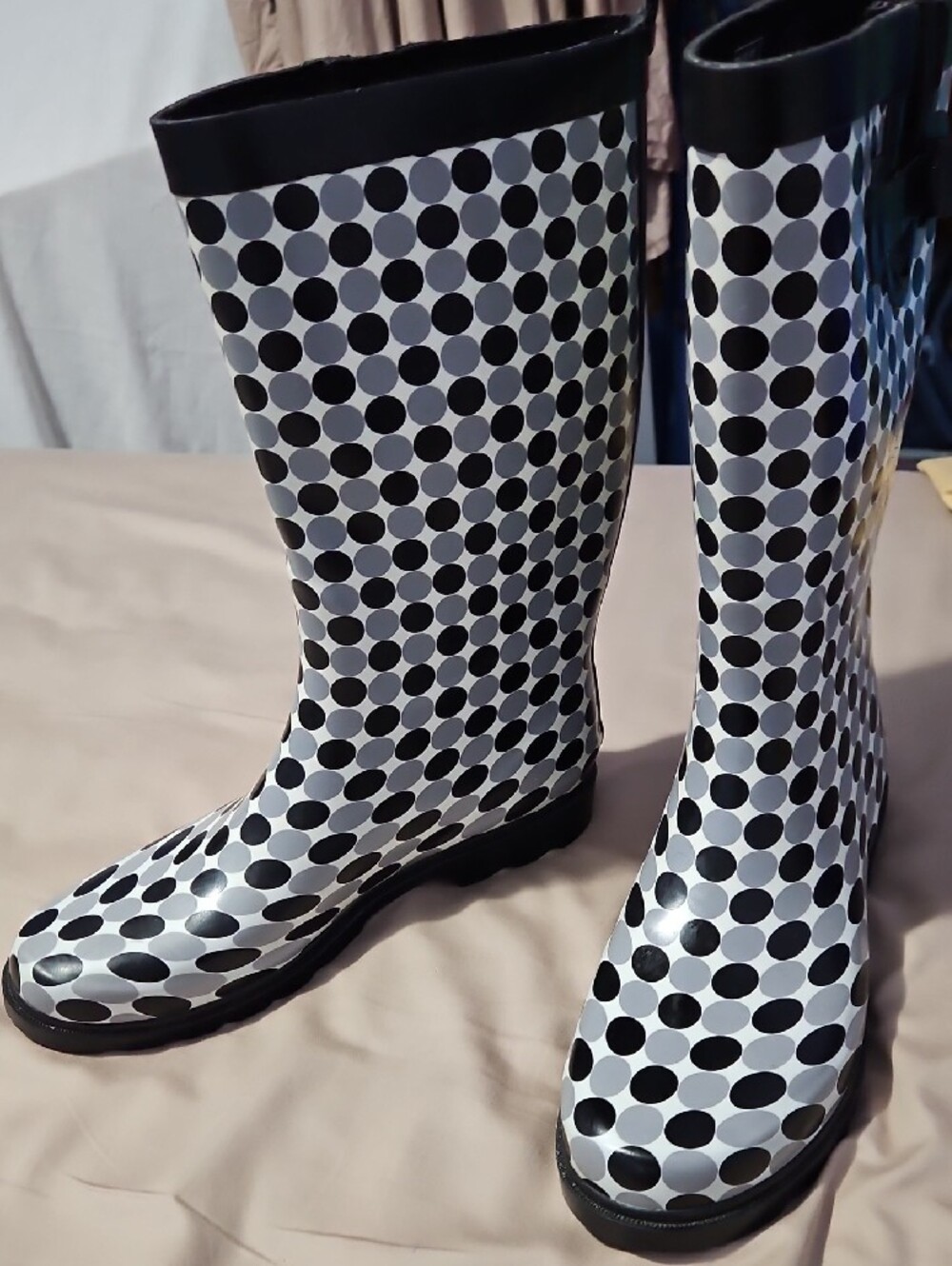 Capelli of New York Black Grey White Polka Dot Tall Rain Boots Size 12